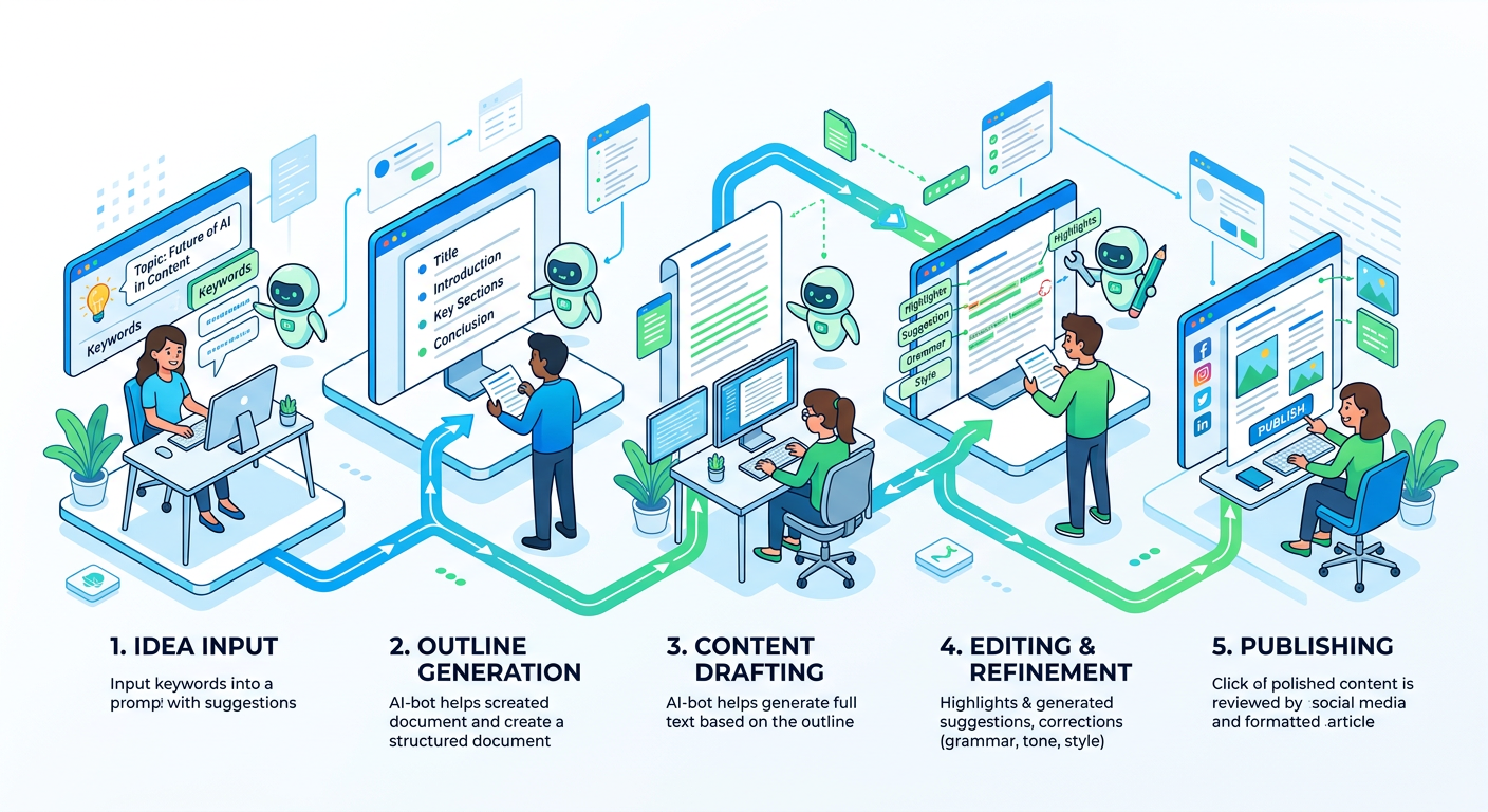An isometric workflow illustration of AI-assisted content creation showing idea input, outline generation, drafting, editi...