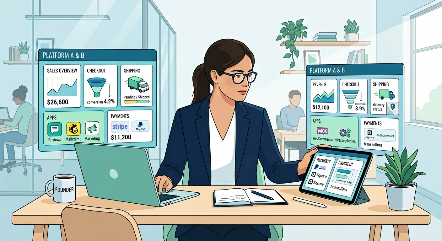 Modern editorial illustration of a founder comparing ecommerce platform dashboards on a laptop and tablet, with modular bl...