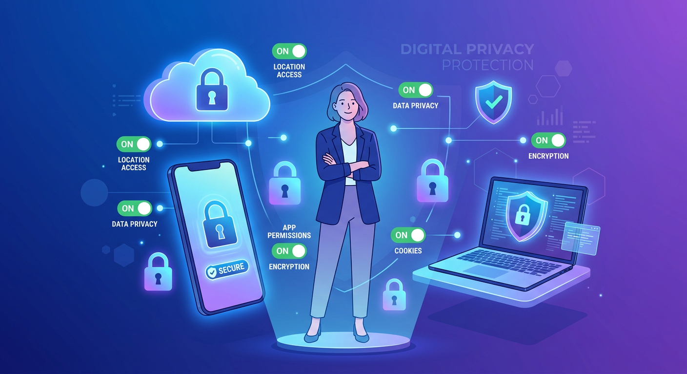 A modern illustration of a person standing between a phone, laptop, and cloud icons, with glowing locks and permission tog...