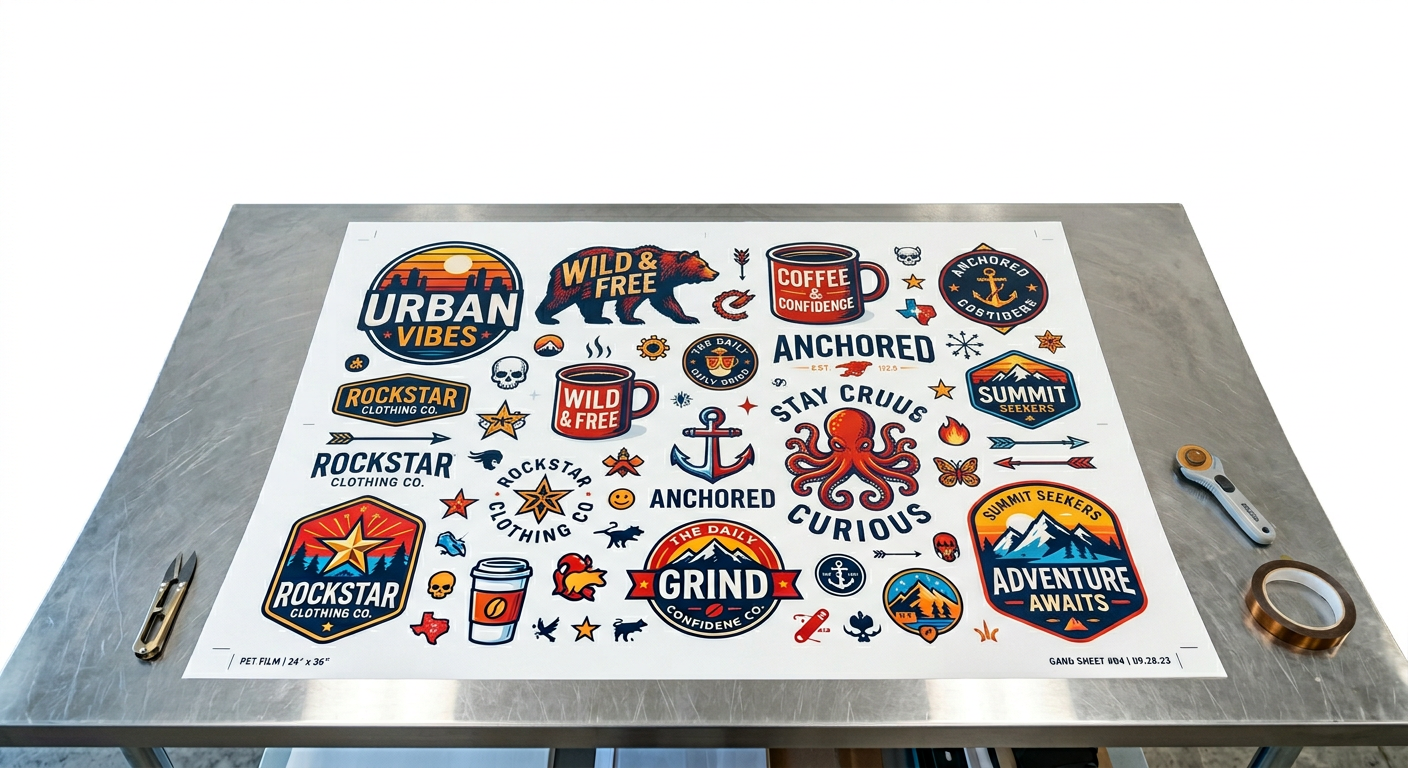 A close-up, photorealistic overhead view of several colorful DTF transfer designs arranged efficiently on a single gang sh...