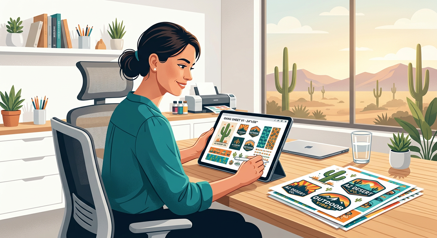 A modern in-content illustration of a designer reviewing gang sheet layouts on a tablet next to finished DTF transfers, wi...