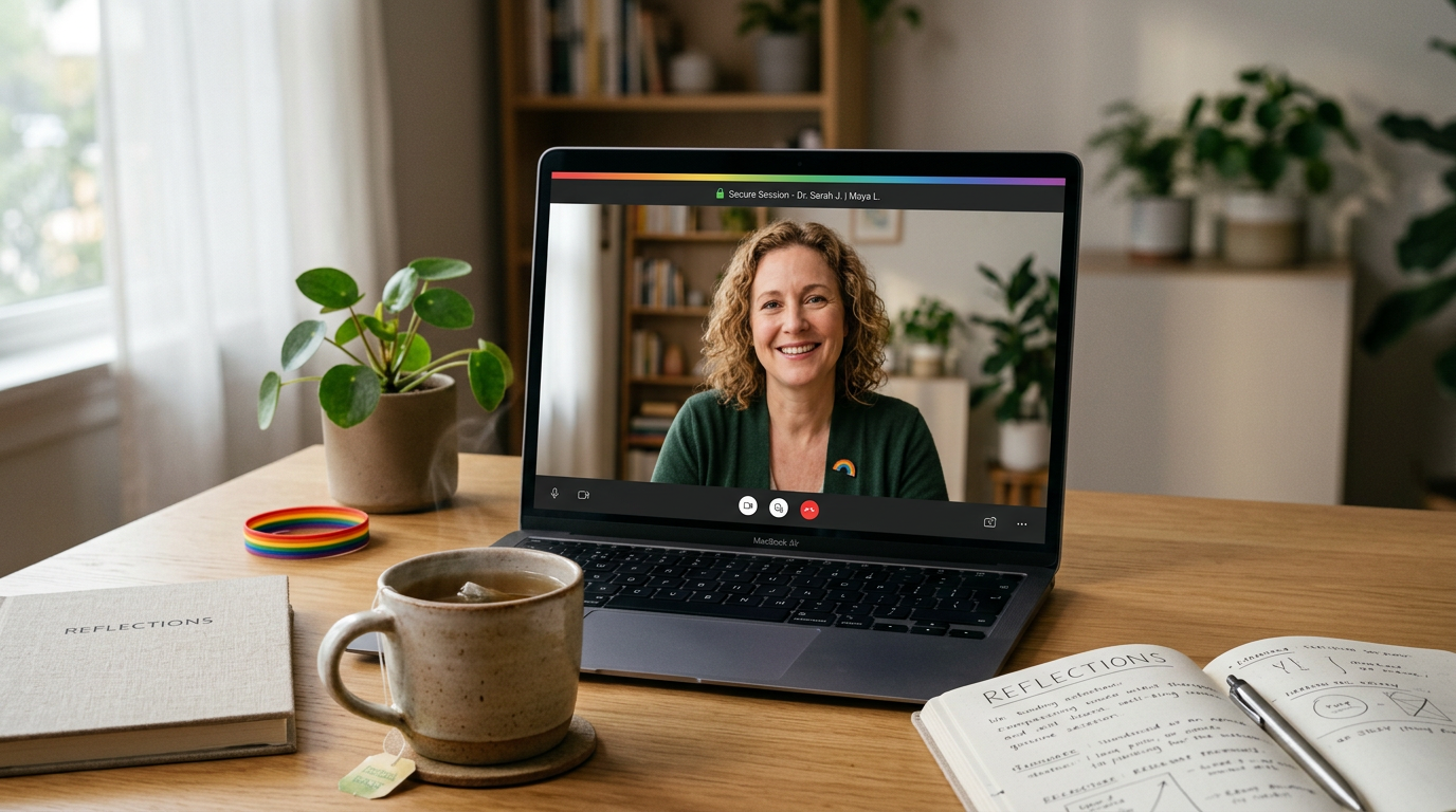 A close-up photorealistic scene of a laptop on a clean desk showing a secure telehealth session with a supportive therapis...