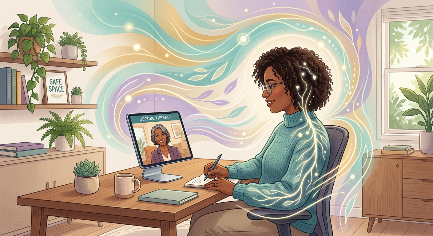 Modern illustrative scene of a person in a private home office using secure video therapy on a tablet, with layered visual...