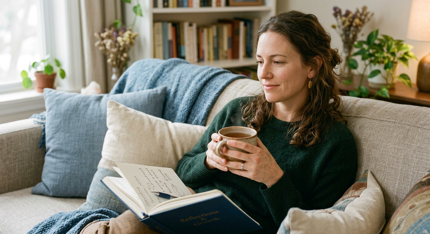 Photorealistic close-up of an adult relaxed on a couch after an online therapy session, holding a notebook and tea, soft n...