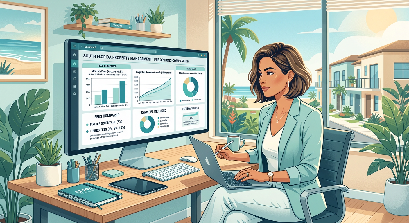 Modern illustrative scene showing a South Florida property manager comparing fee options on a digital dashboard, with clea...