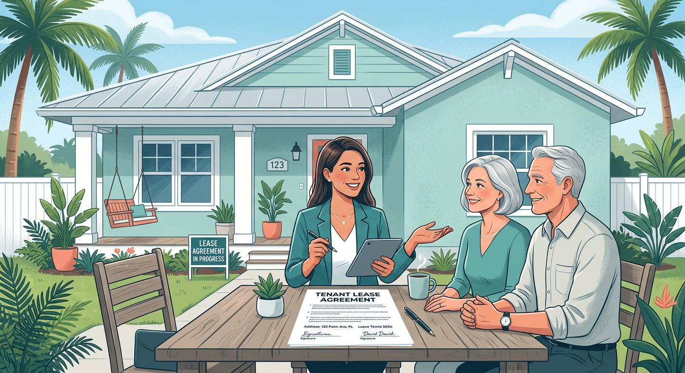 Real estate transaction scene showing a tenant lease document, a Florida home exterior, and a property manager discussing ...