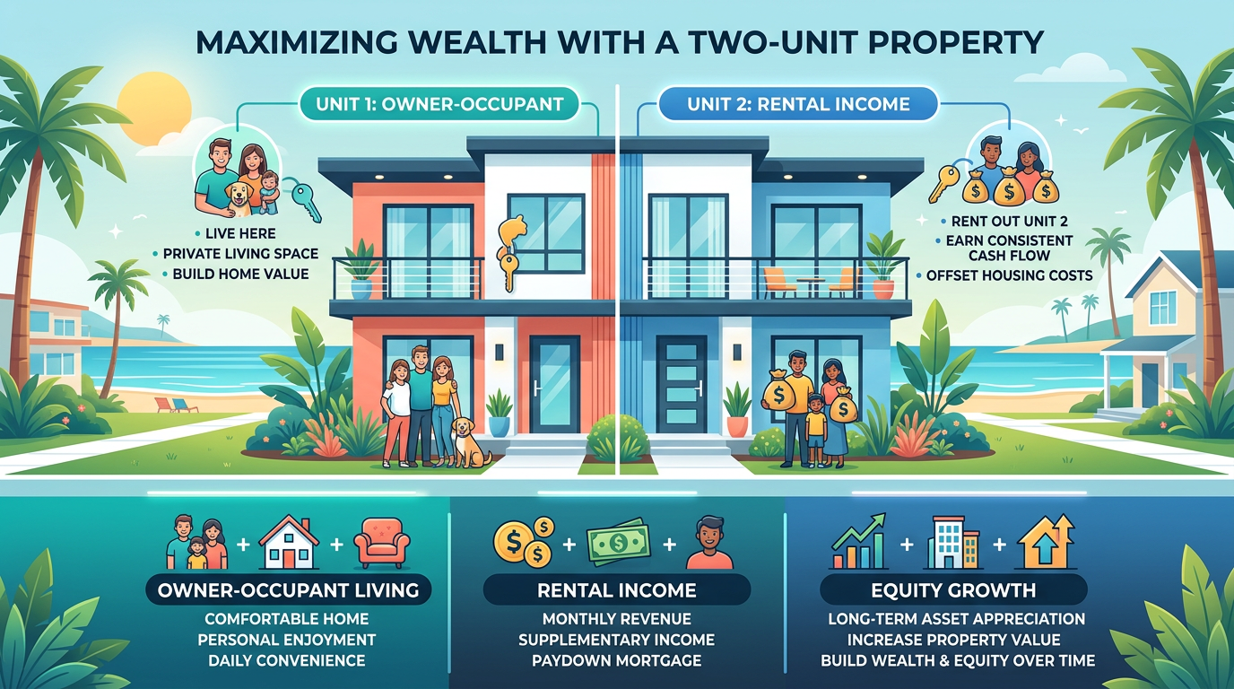 A clean, modern infographic-style illustration showing a two-unit residential property split into sections for owner-occup...