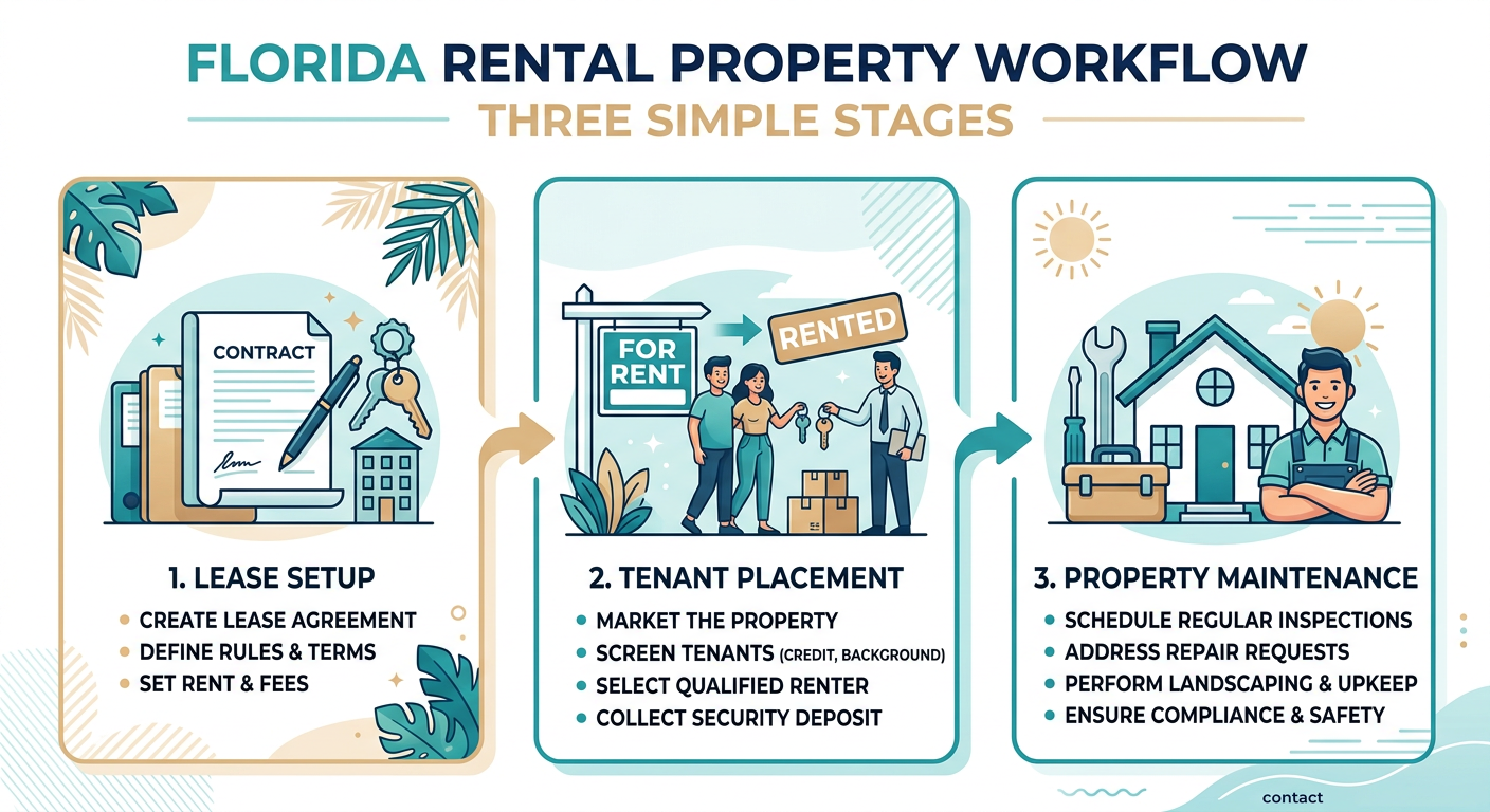 Modern infographic-style illustration of a Florida rental property workflow with three simple stages, lease setup, tenant ...