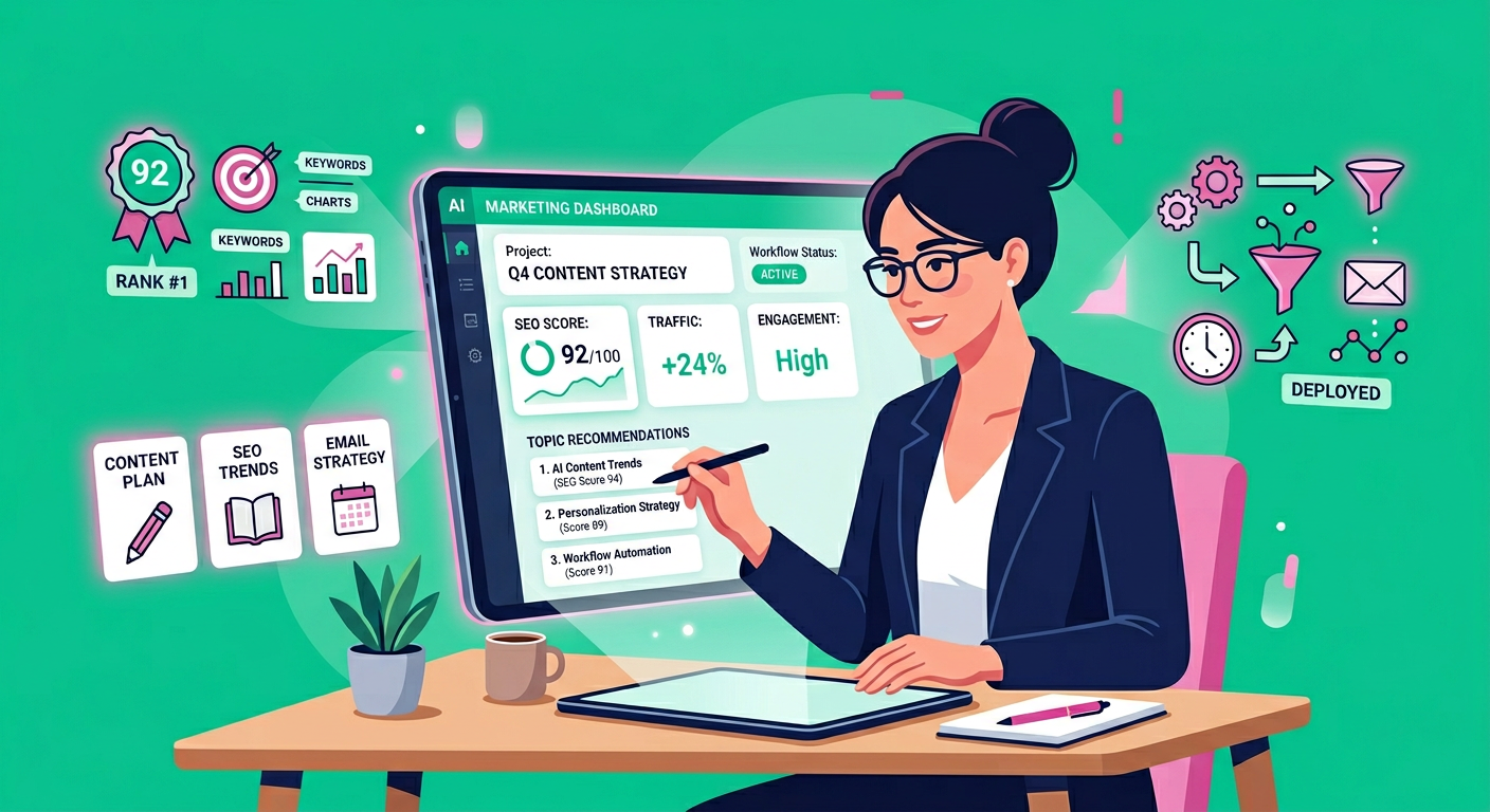 Close-up flat illustration of a content strategist reviewing AI-generated marketing insights on a clean dashboard, with bl...