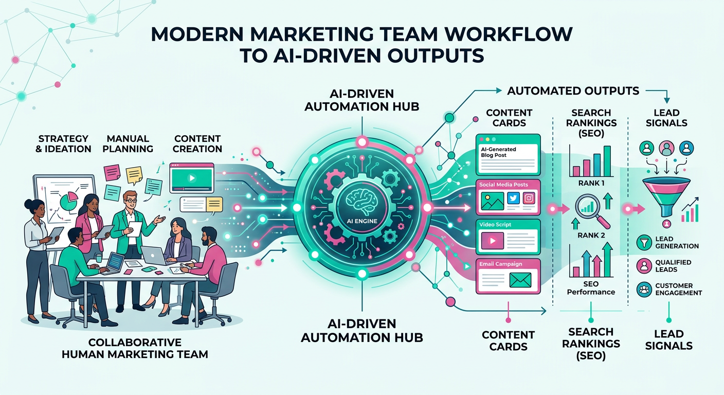 Modern illustration of a marketing team workflow turning into automated AI-driven content and campaign outputs, with conne...