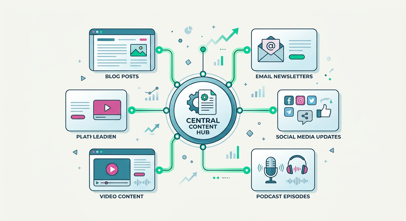 A modern editorial illustration showing one central content hub branching into blog, email, social, video, and podcast for...
