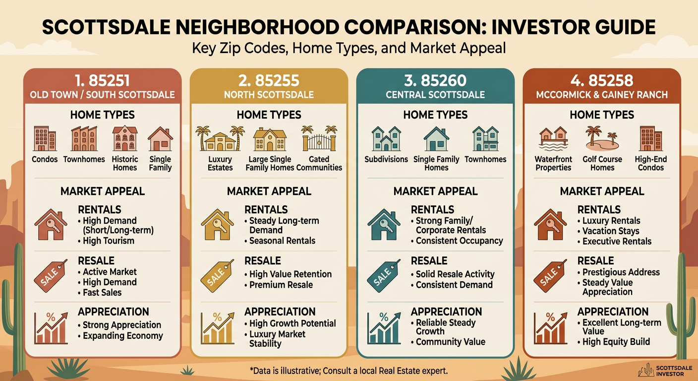 Clean, modern infographic-style neighborhood comparison showing Scottsdale zip codes, home types, and investor appeal, wit...