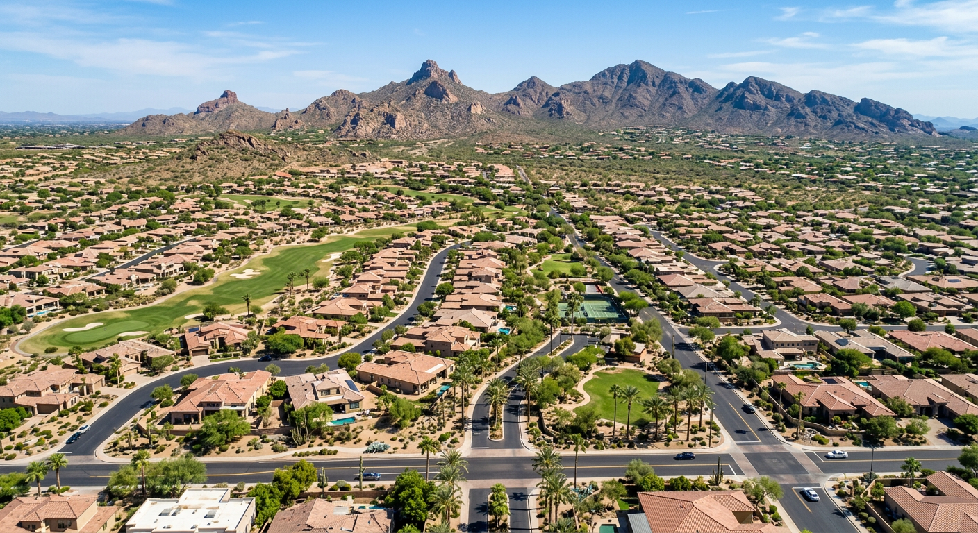 Realistic aerial-style view of several Scottsdale neighborhoods side by side, showing a mix of single-family homes, palm t...