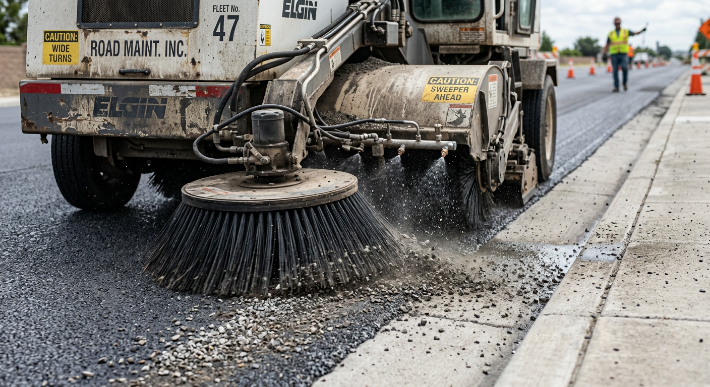 Photorealistic in-content image of a mechanical broom sweeper collecting loose chip seal aggregate at the edge of a road, ...