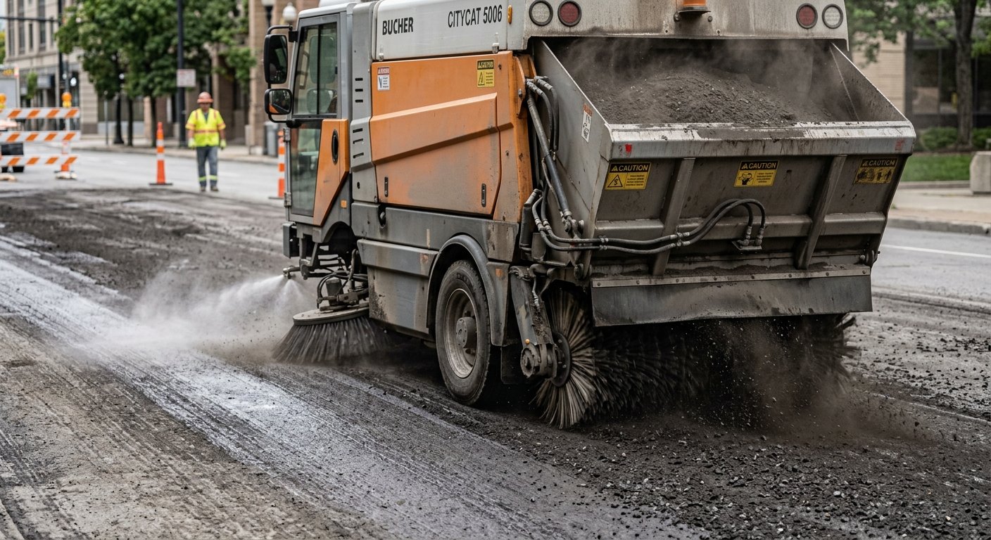 Detailed photorealistic in-content image of a mechanical broom sweeper clearing fresh asphalt milling debris on a municipa...