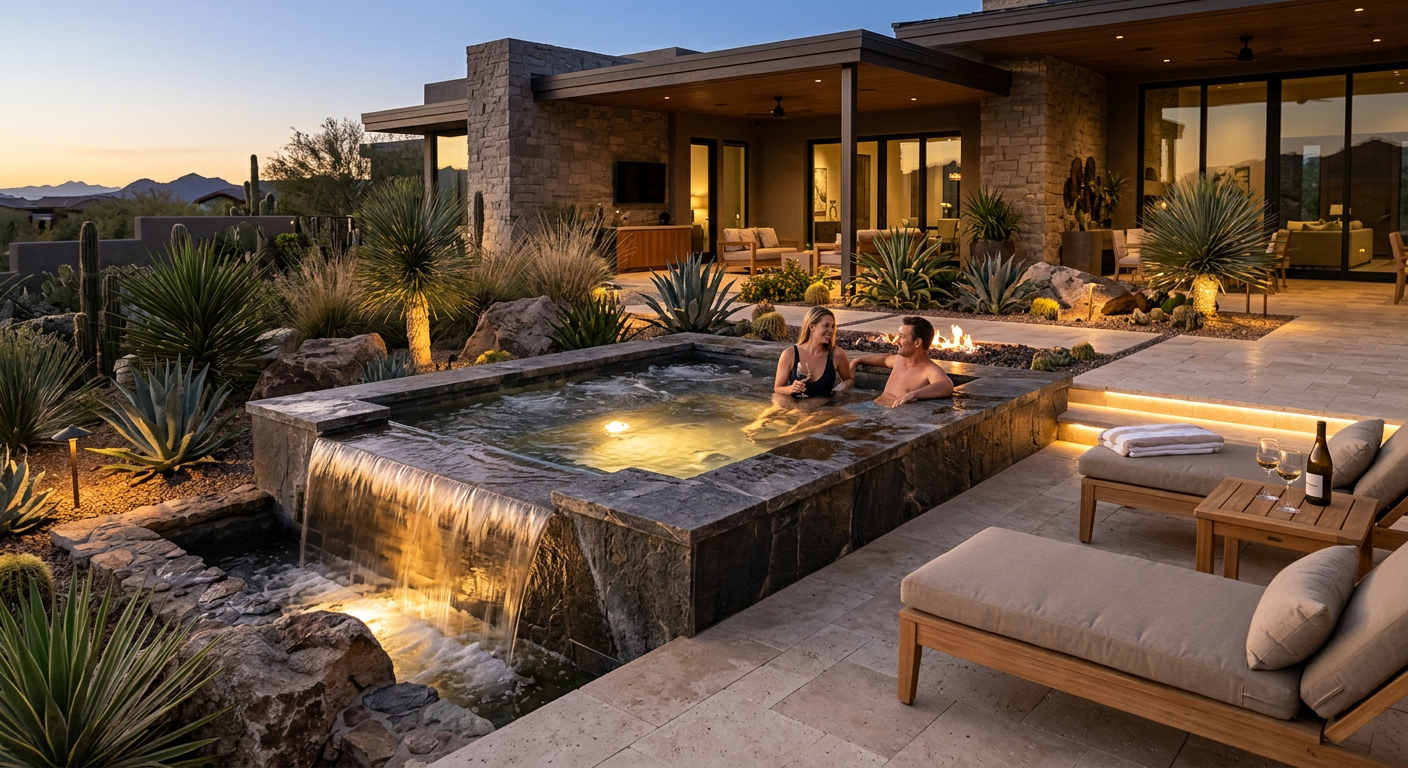 Elegant in-content scene of a custom spa with integrated bench seating, spillover edge, desert landscaping, and ambient li...