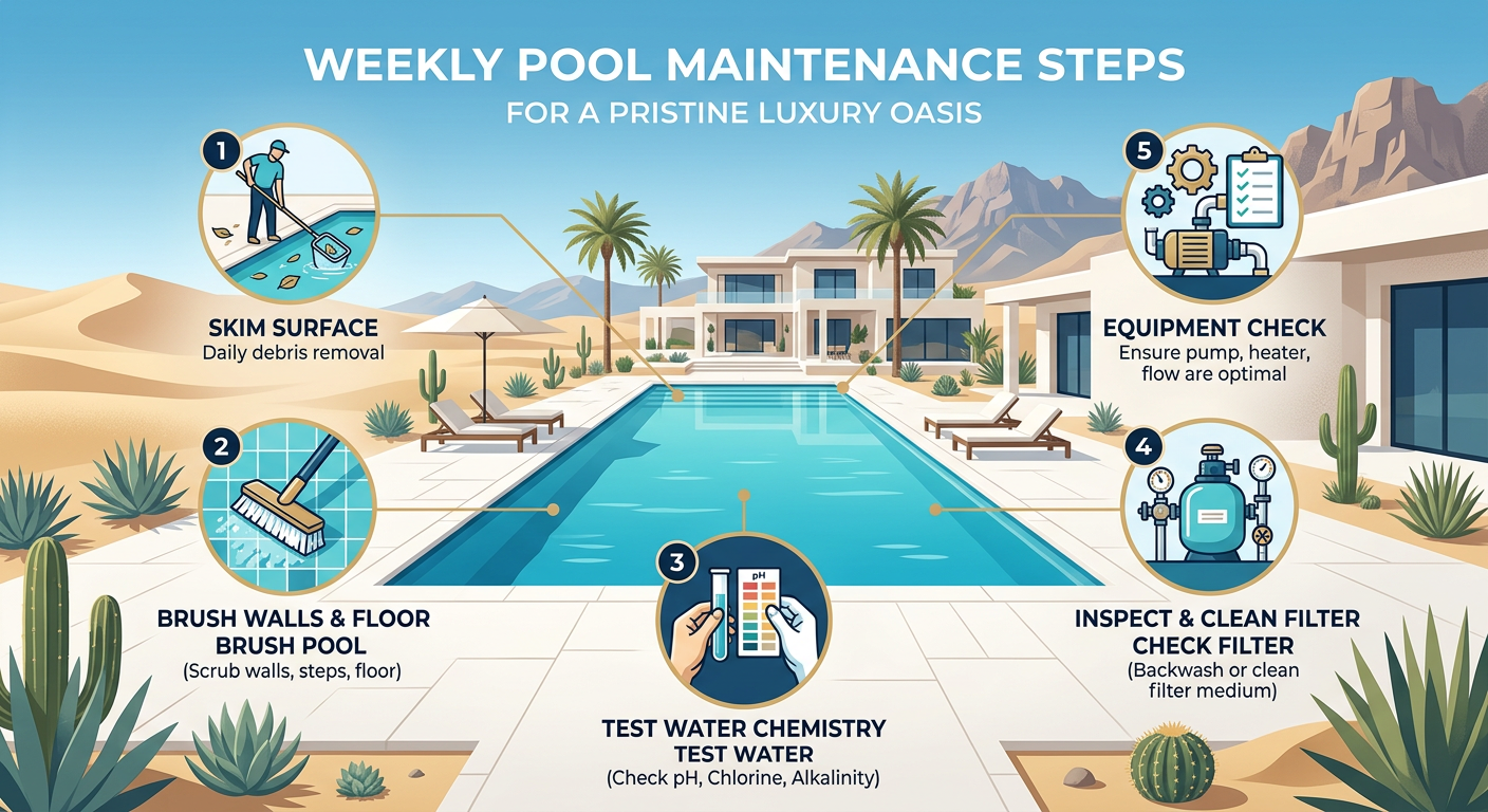 Clean modern infographic-style illustration of weekly pool maintenance steps in a luxury desert setting, showing skimming,...
