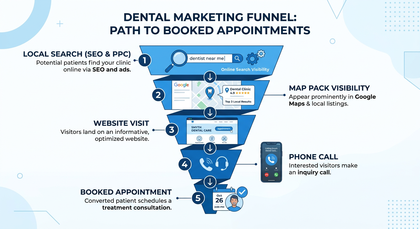 Modern infographic-style illustration of a dental marketing funnel showing local search, map pack visibility, website visi...