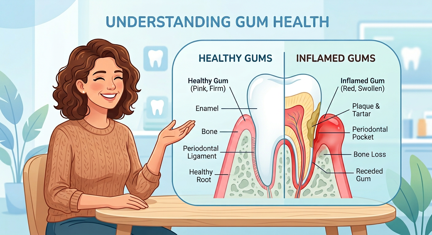 Modern informational illustration showing a smiling adult patient beside a simplified cross-section of healthy gums versus...