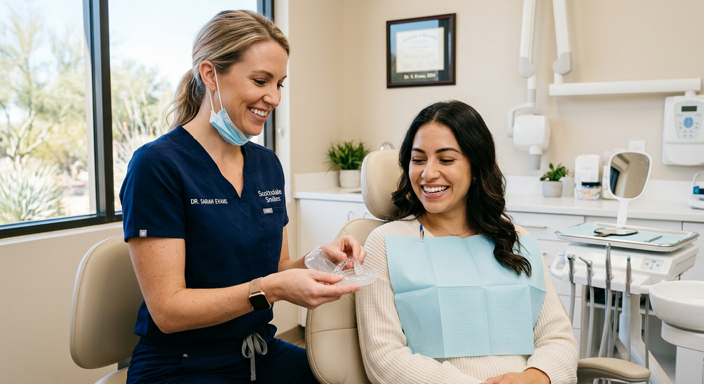 A close-up photorealistic scene of a female dentist holding whitening trays beside a smiling patient in a clean Scottsdale...