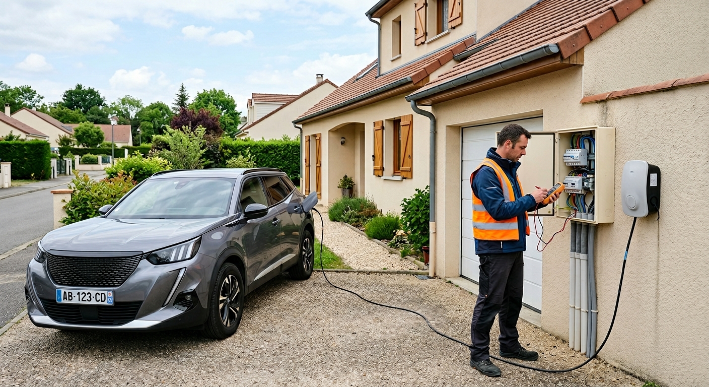 Installation extérieure d'une borne de recharge électrique IRVE dans une maison individuelle en zone périurbaine avec un véhicule en charge.