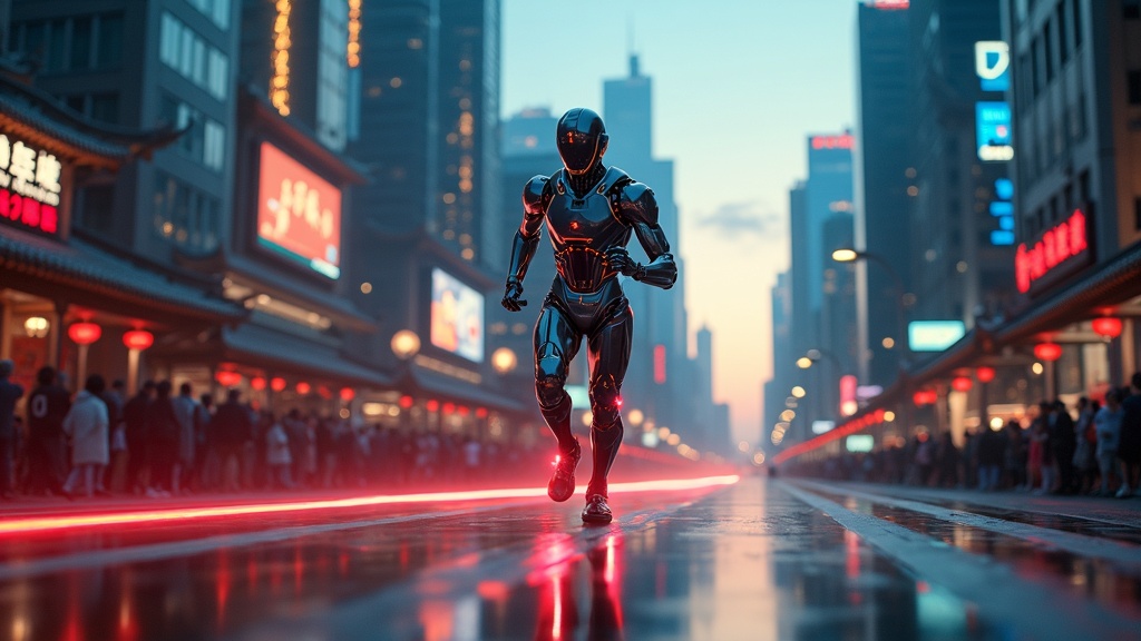 El Robot Shandian Maratón Pekín corriendo en un entorno urbano