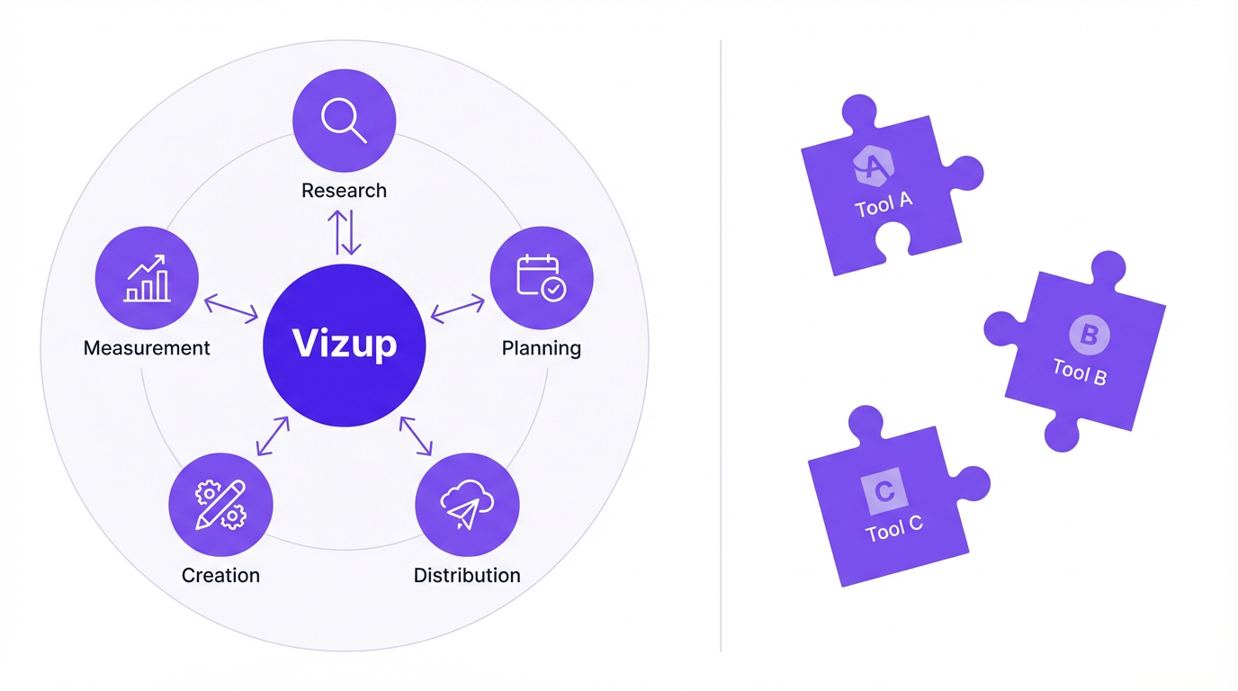 A diagram showing Vizup as an integrated platform compared to fragmented competitor tools.