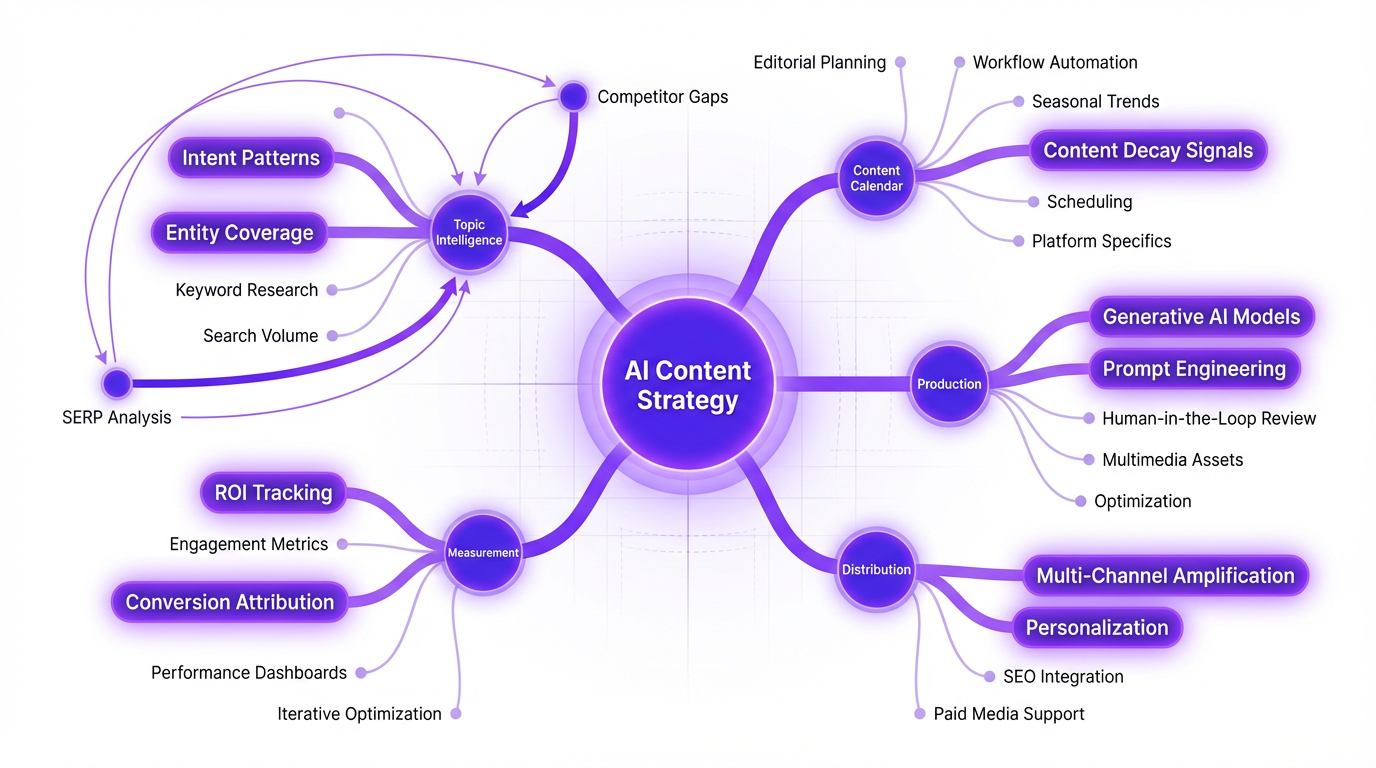 A diagram of an AI-driven topic cluster map, a key part of an AI content strategy framework.