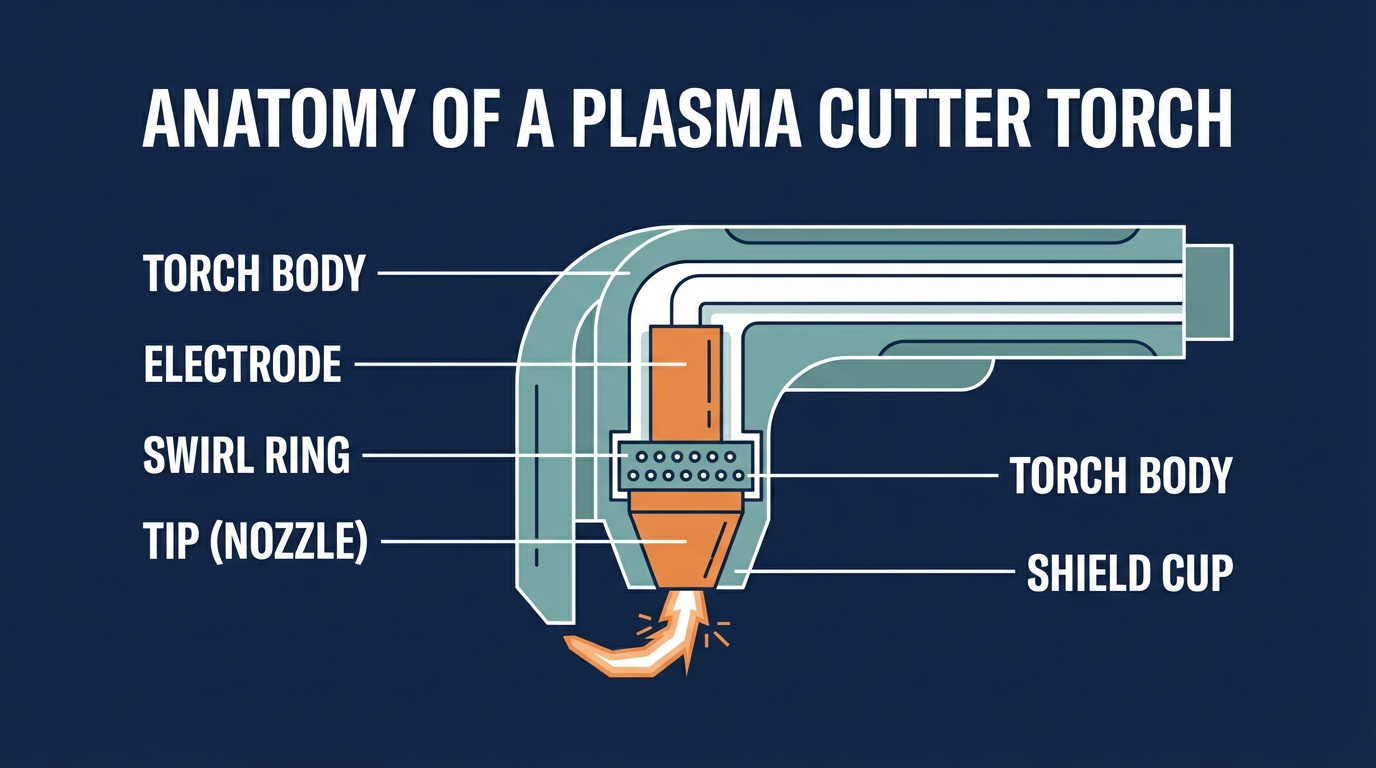 Diagram of a plasma cutter torch: torch body, electrode, swirl ring, tip, shield cup