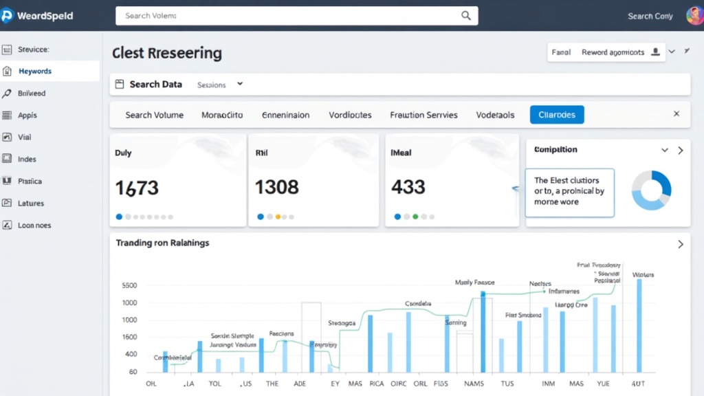 Keyword research dashboard showing search volume data, competition metrics, and keyword clustering analysis