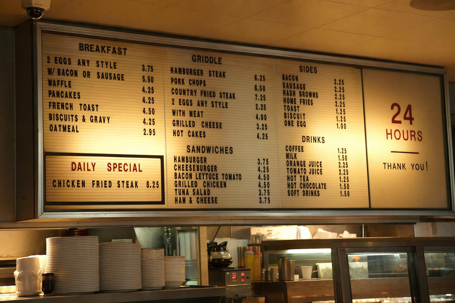 Diner menu board at 5am