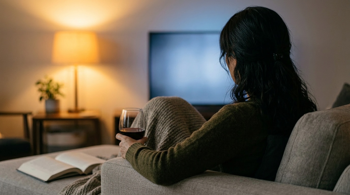 A woman curled up on the couch at night from behind, holding a wine glass, soft lamp light and muted TV glow in the background