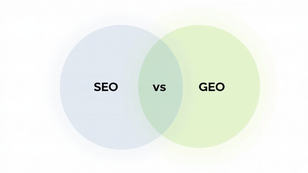 A Venn diagram showing the overlap between traditional SEO elements and GEO elements, with the intersection area highlighted showing combined strategies, modern infographic style