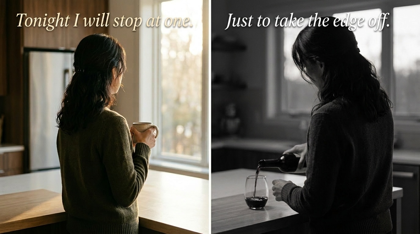 Split scene: on the left in warm color, the morning promise 'Tonight I will stop at one'; on the right in black and white, the evening excuse 'Just to take the edge off' while pouring a glass