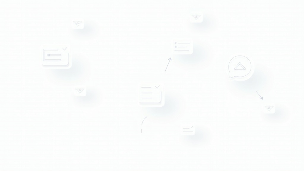 Outreach email workflow diagram showing research, personalization, follow-up steps, professional business illustration style