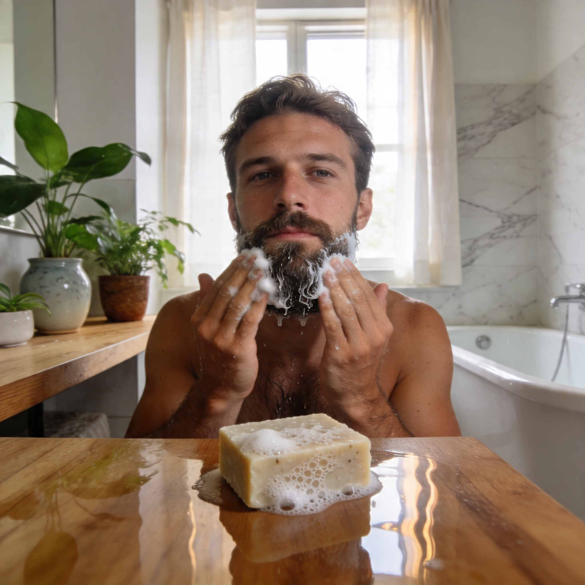 utilisation d’un shampoing solide pour barbe en mousse naturelle