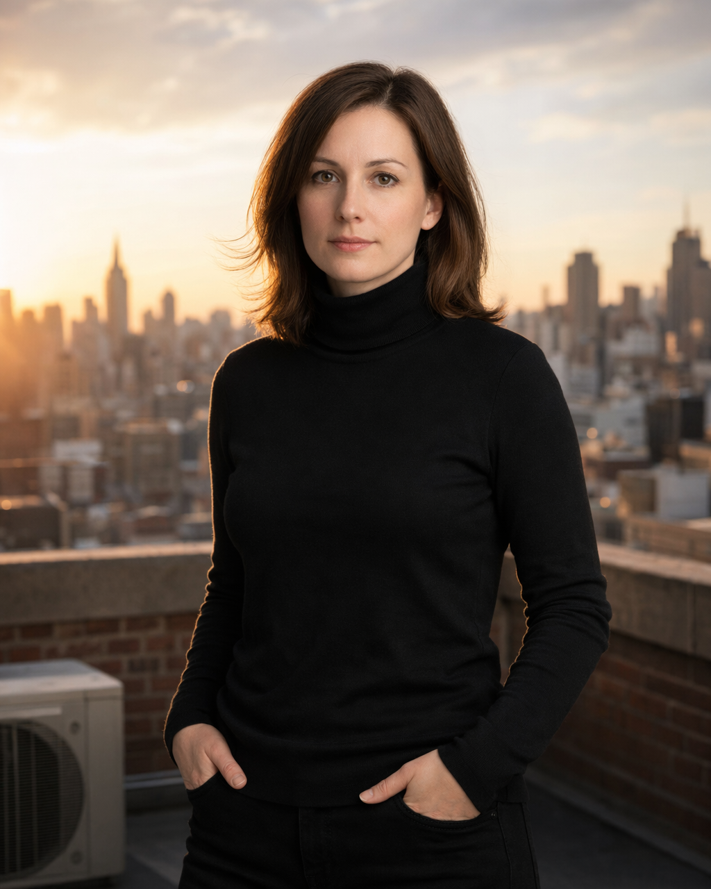 Studio portrait to city rooftop