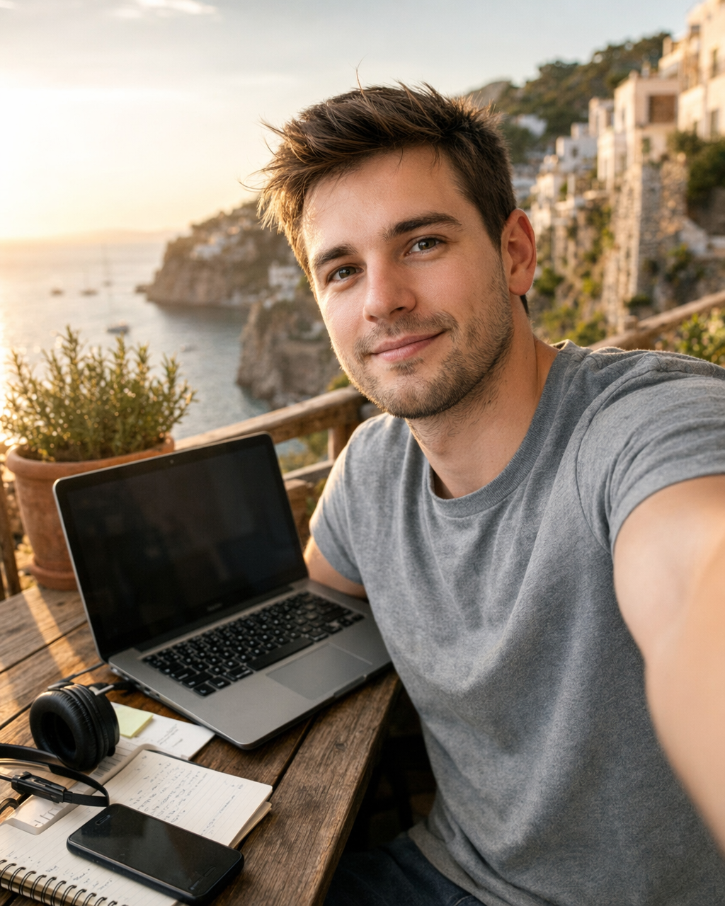 Desk selfie to coastal cliff