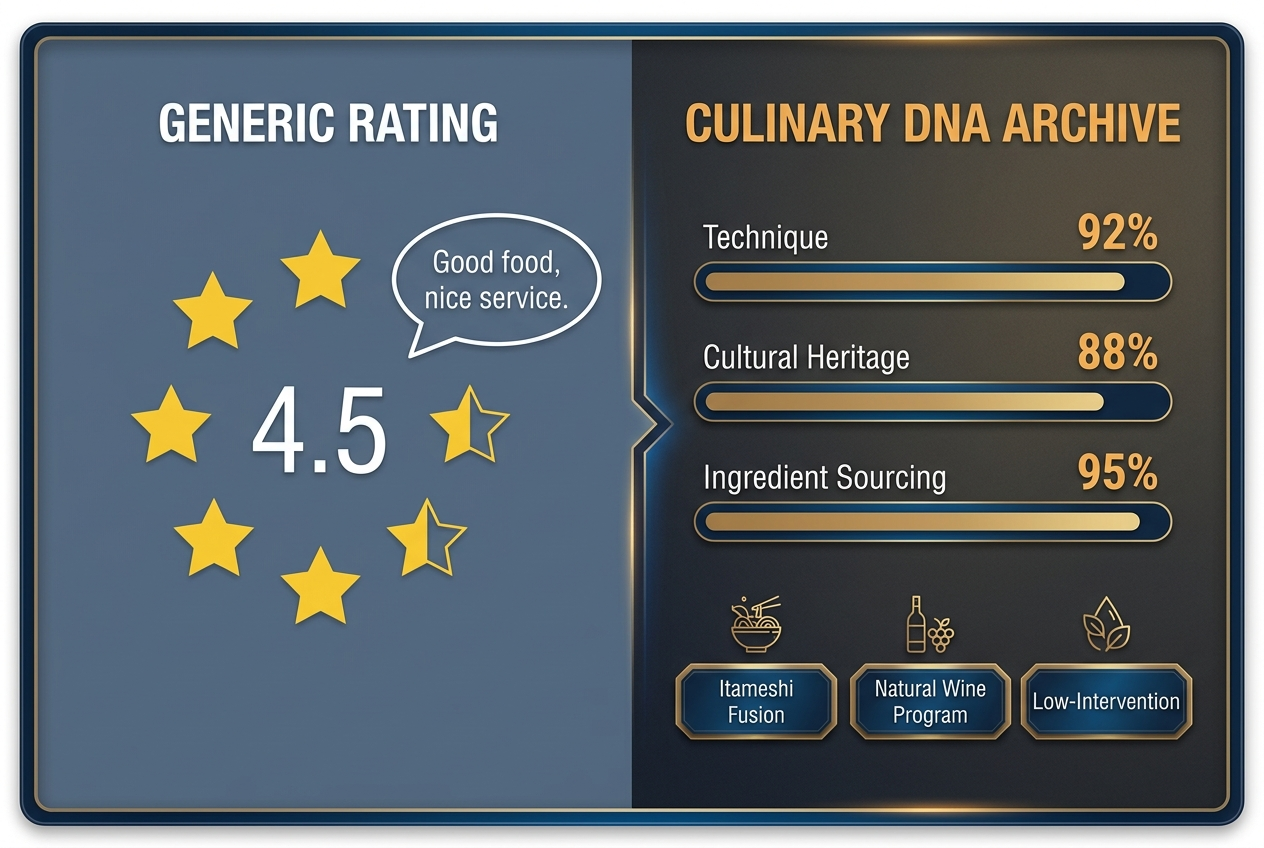 Infographic comparing a generic 5-star restaurant review with a detailed culinary DNA archive showing metrics for technique and sourcing.