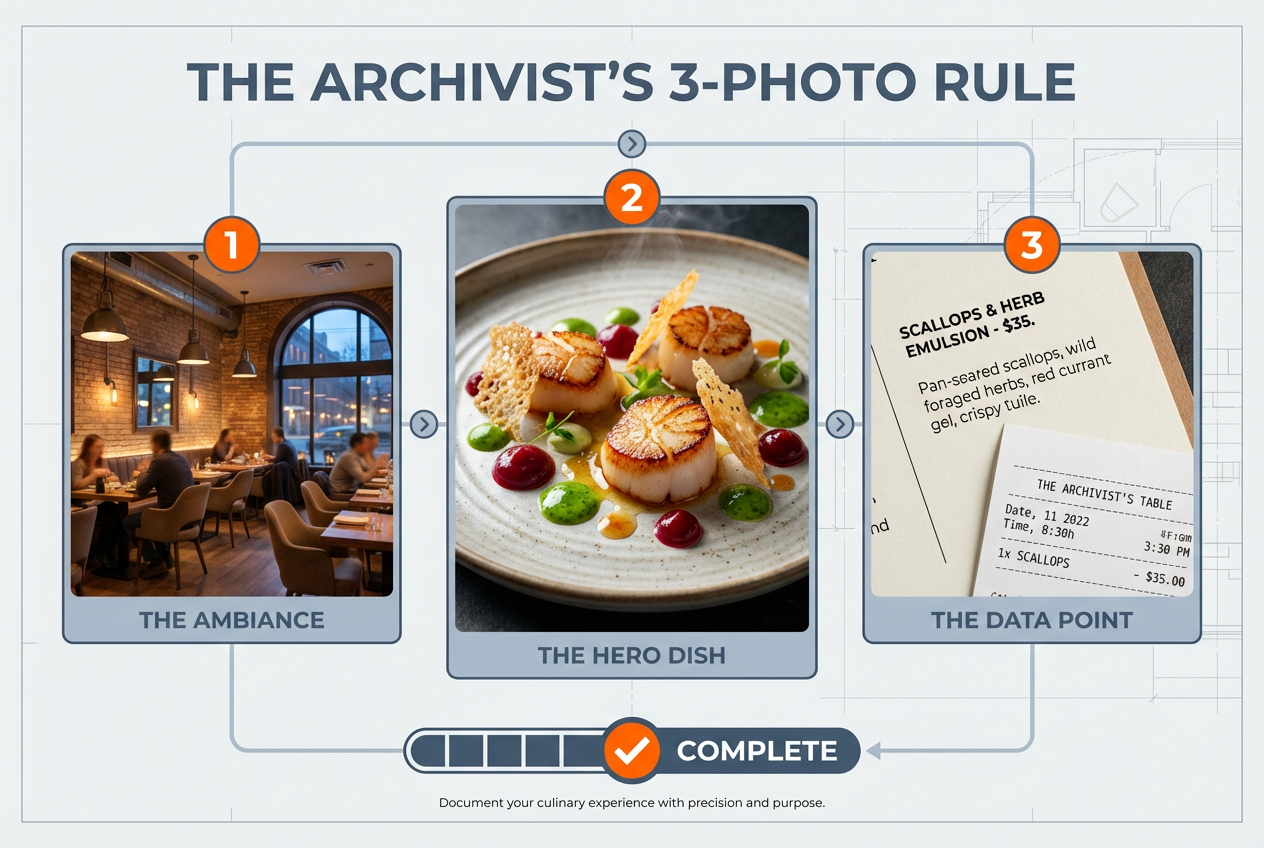 A three-step visual guide illustrating the 3-Photo Rule for foodies: capturing the ambiance, the hero dish, and the menu details for records.