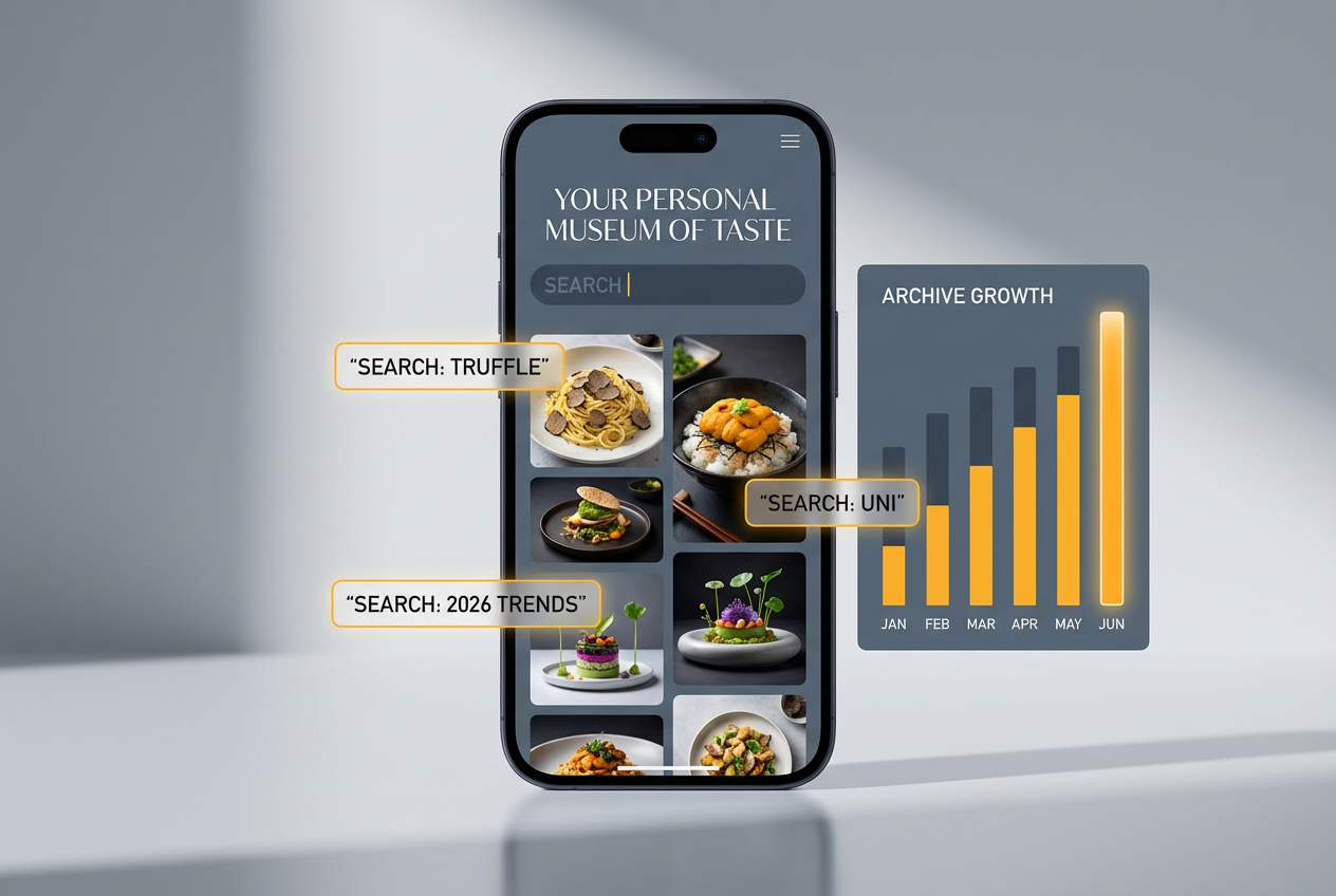 A conceptual digital interface showing a searchable food photo archive with tags like truffle and uni alongside an archive growth chart.