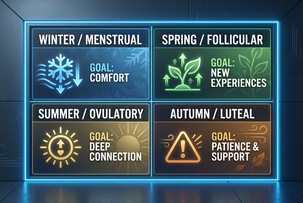 A tactical 4-season relationship cycle chart for men showing Winter, Spring, Summer, and Autumn phases with specific relationship goals for each.