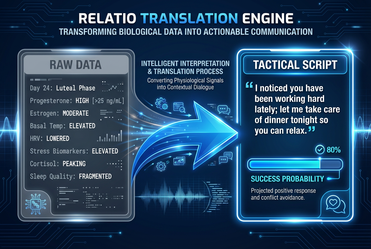 An infographic showing how the Relatio app translates hormonal cycle data into actionable conversation scripts for men to use with their partners.
