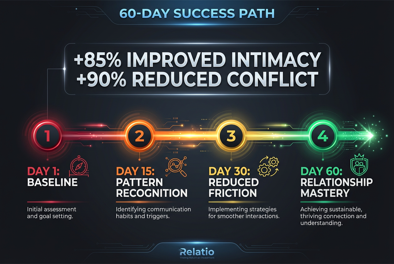 A 60-day roadmap showing the stages of relationship improvement for men using the Relatio app, from baseline to relationship mastery.