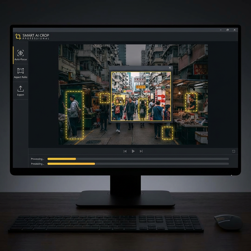 AI image cropping tool interface showing a photo being automatically cropped with precision focus rectangles