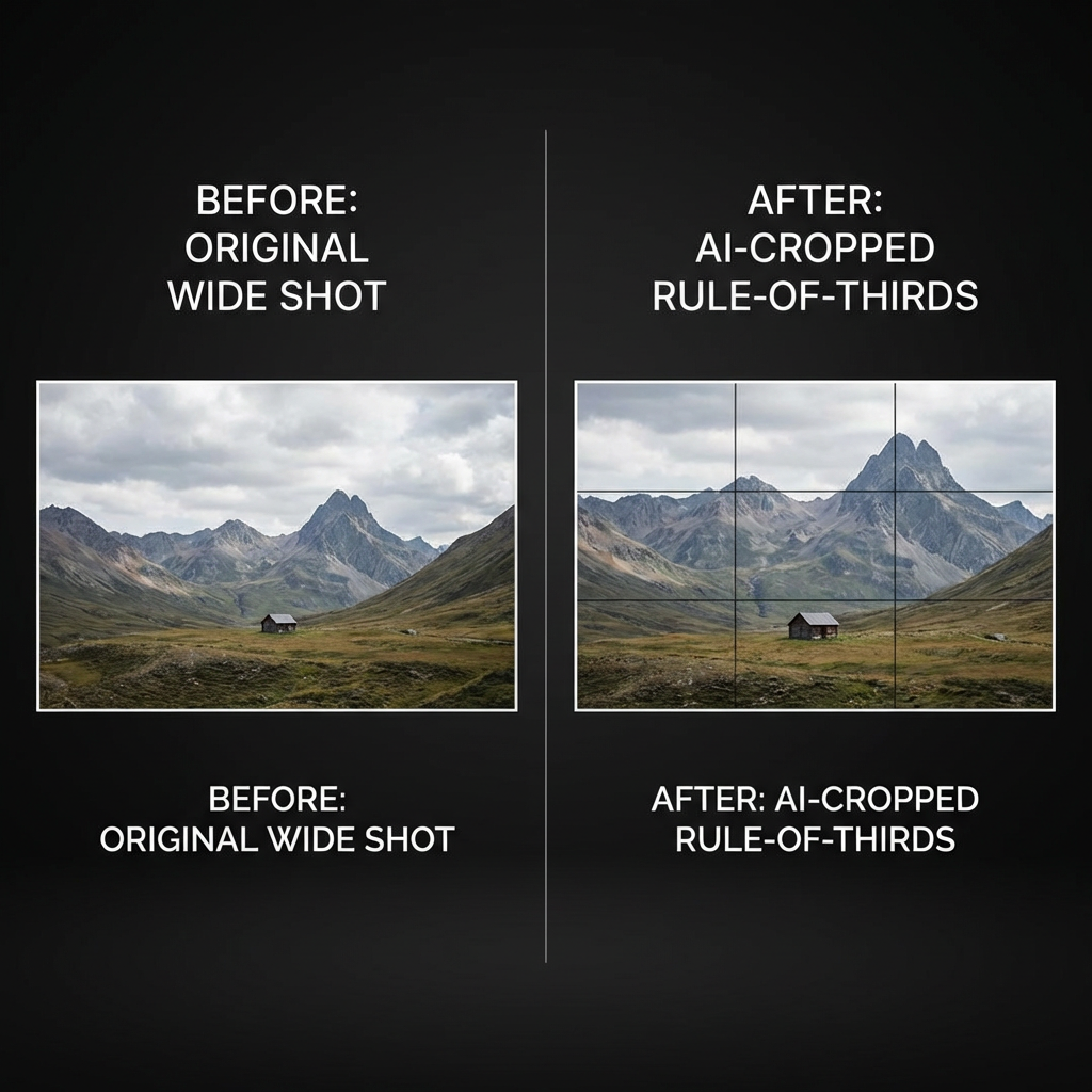 Before and after AI cropping comparison — original wide shot transformed into rule-of-thirds composition