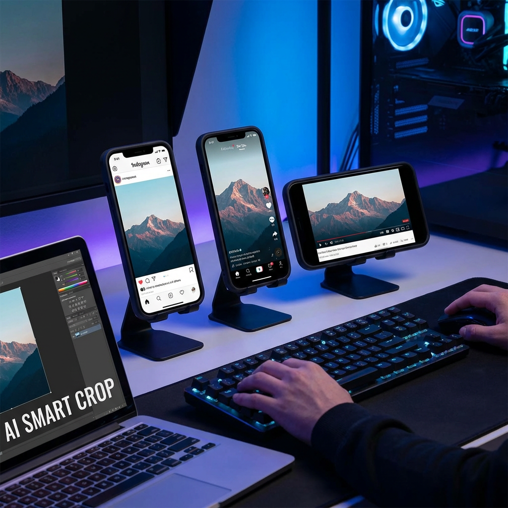 Social media creator using AI cropping to generate Instagram, TikTok and YouTube formats from one photo