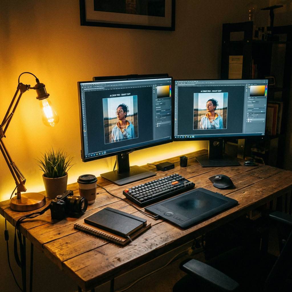Professional designer workstation with AI-powered image cropping software and warm ambient lighting