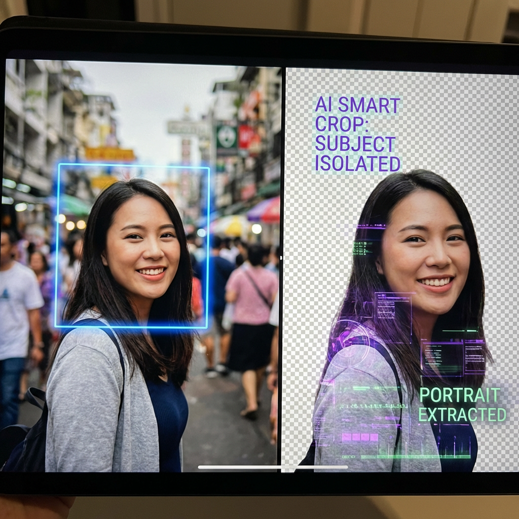 AI smart cropping detecting a subject and extracting a perfect portrait crop with clean background