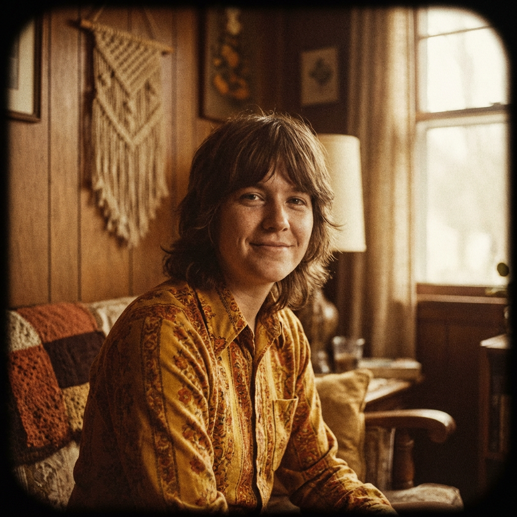 Retro AI image style 1970s portrait with warm sepia tones, film grain, and nostalgic analog photography aesthetic